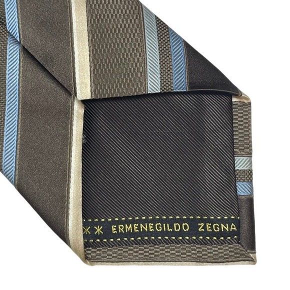 Ermenegildo Zegna Men's Necktie Tie 3.5" Silk Light Blue Tan Striped Pattern - Picture 4 of 5